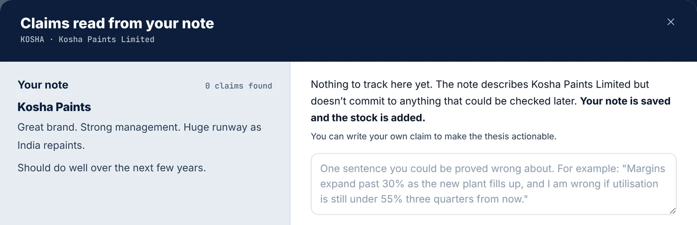 Claims read from a vague note: nothing to track here yet