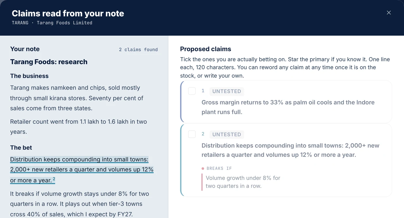 Claims read from your note: the bet highlighted in Tarang's note, and the claims proposed from it with what would break them